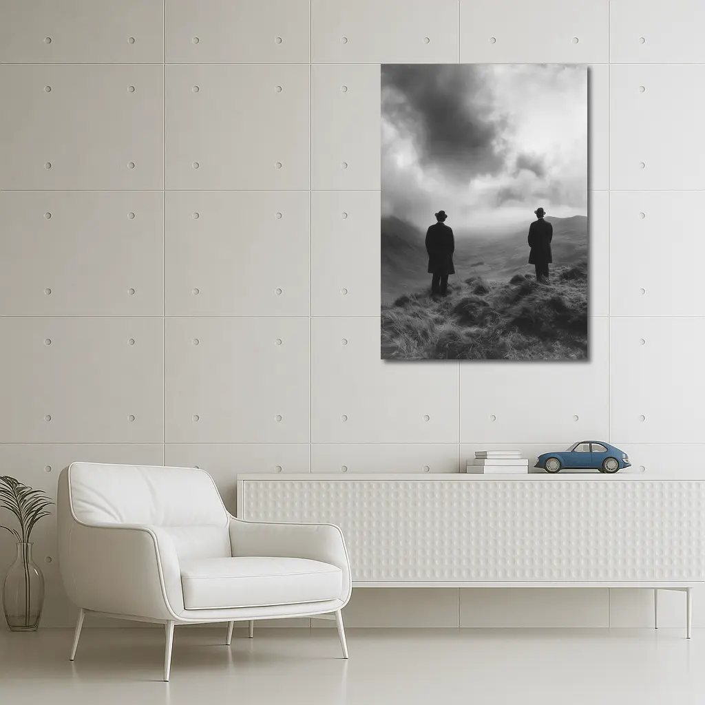 Two Men Standing on Misty Highland Hills – Wall Art