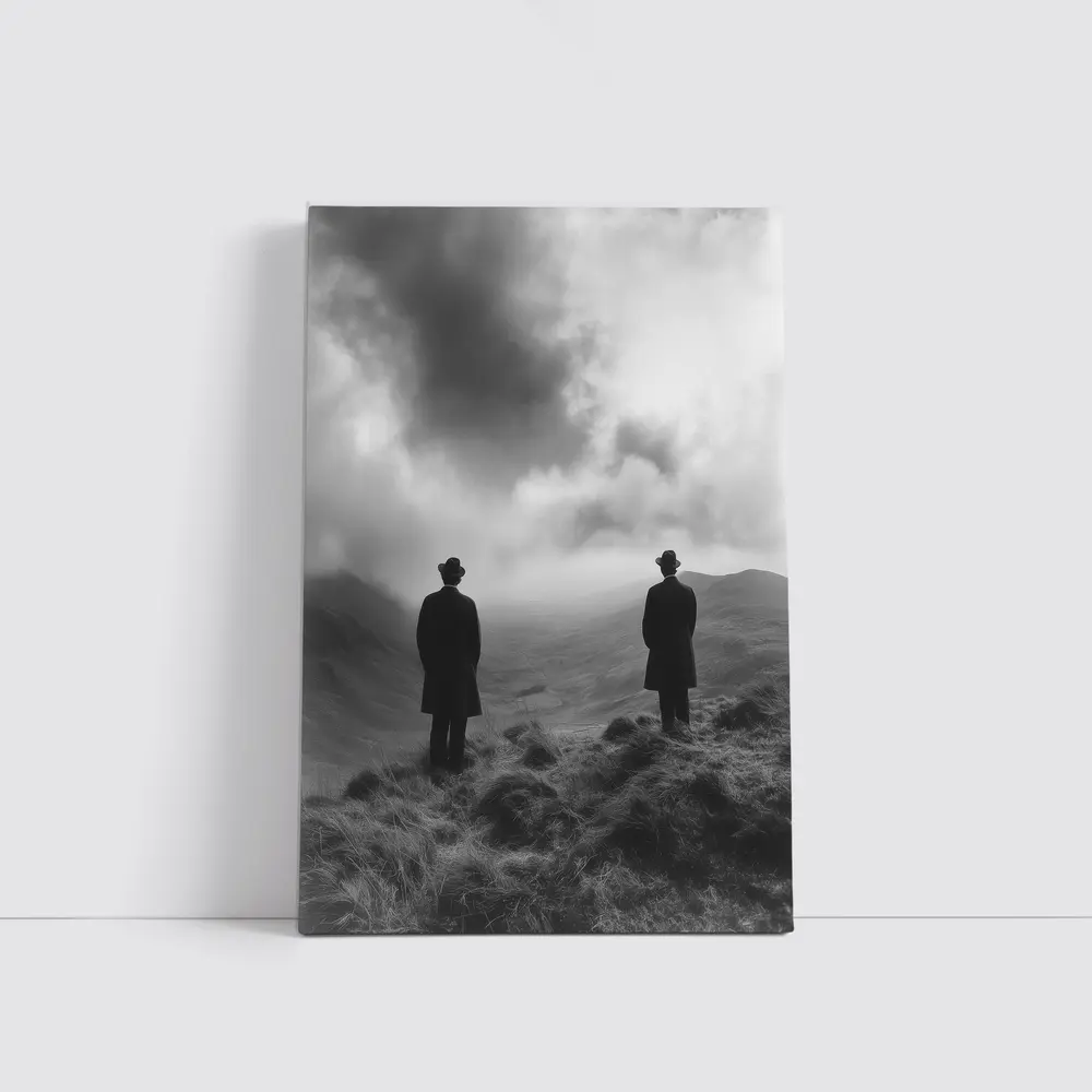 Two Men Standing on Misty Highland Hills – Wall Art
