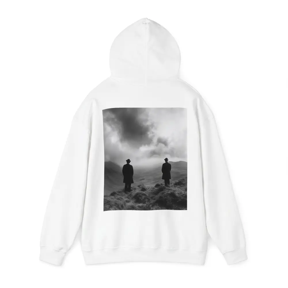 Two Men Standing on Misty Highland Hills – Hoodies