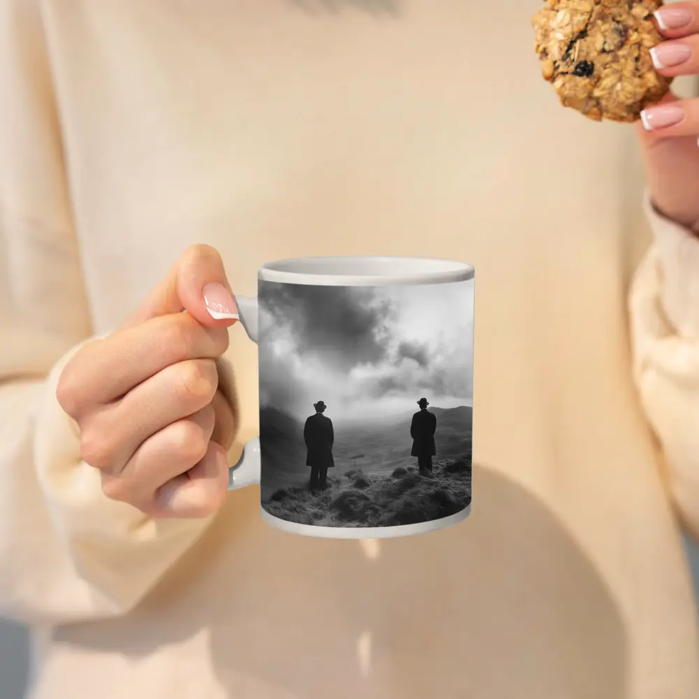 Two Men Standing on Misty Highland Hills – Mugs