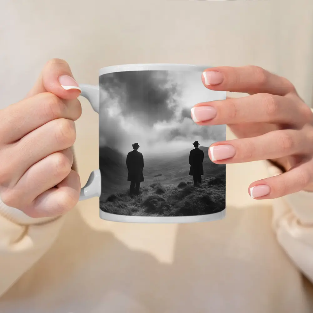 Two Men Standing on Misty Highland Hills – Mugs