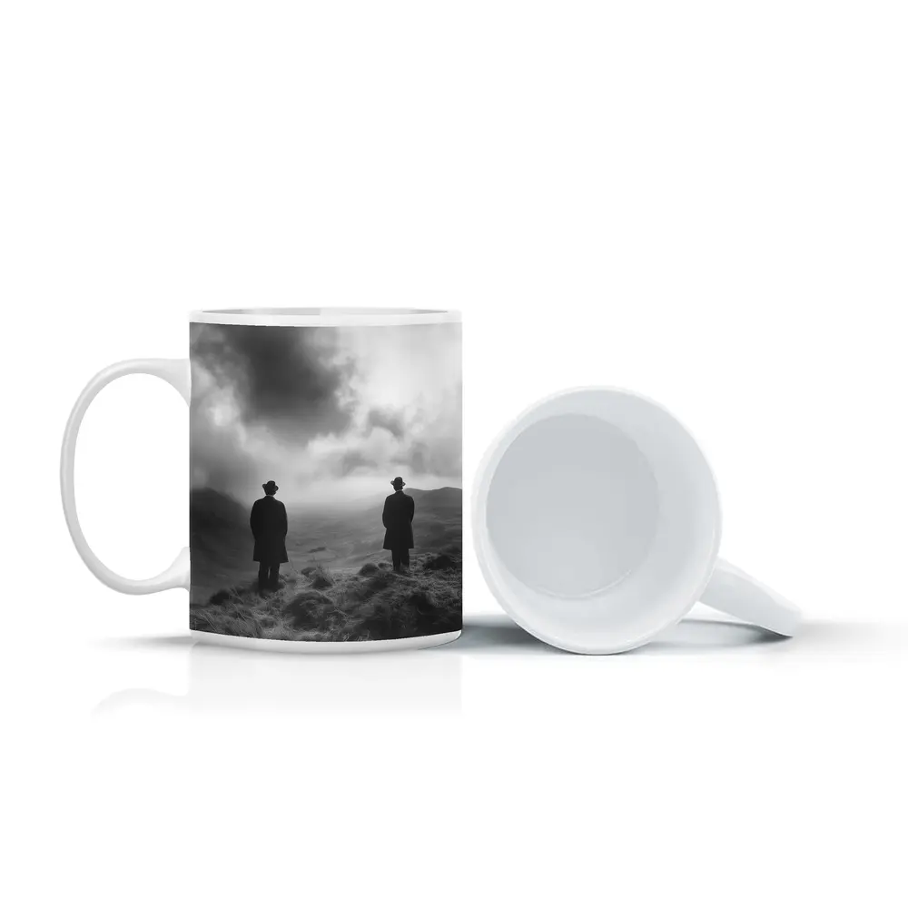 Two Men Standing on Misty Highland Hills – Mugs
