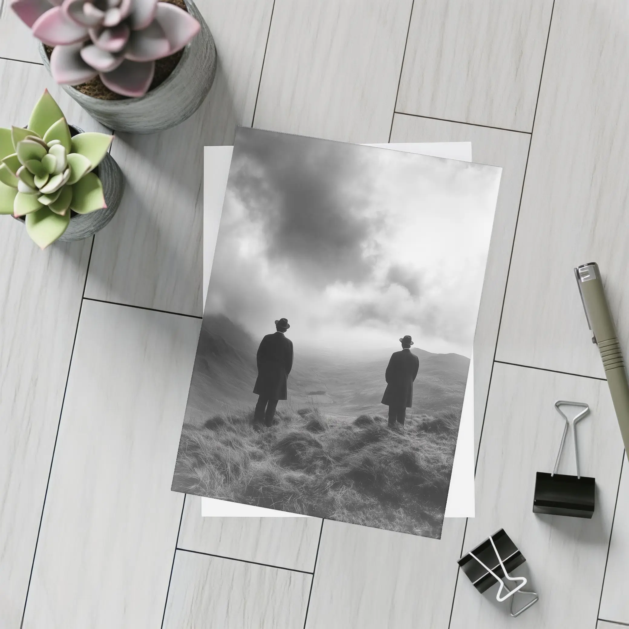 Two Men Standing on Misty Highland Hills – Postcards