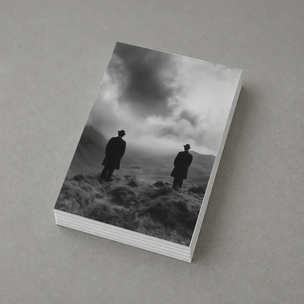 Two Men Standing on Misty Highland Hills – Postcards