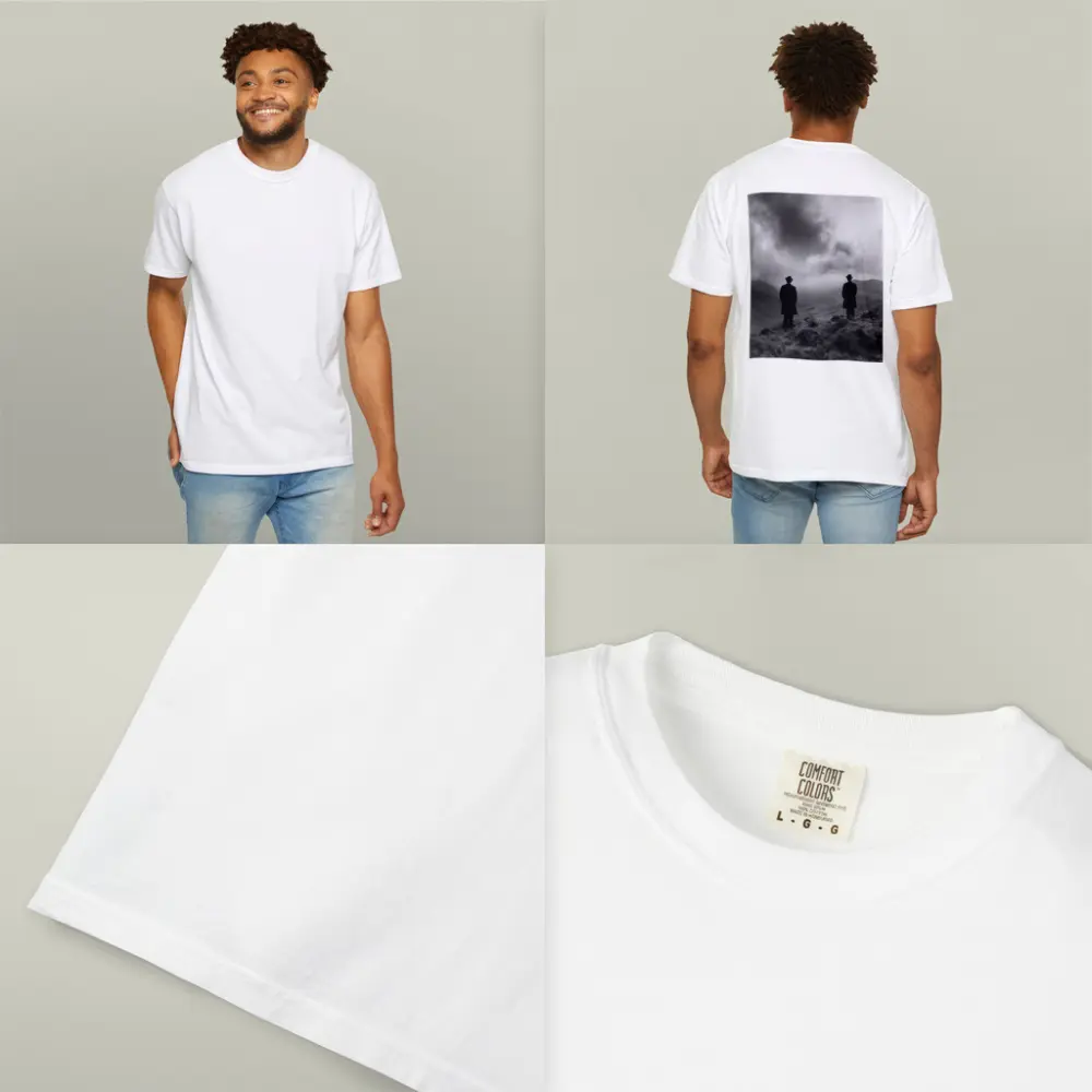 Two Men Standing on Misty Highland Hills – T-Shirts