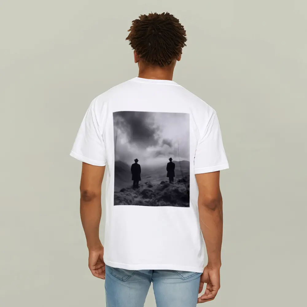 Two Men Standing on Misty Highland Hills – T-Shirts