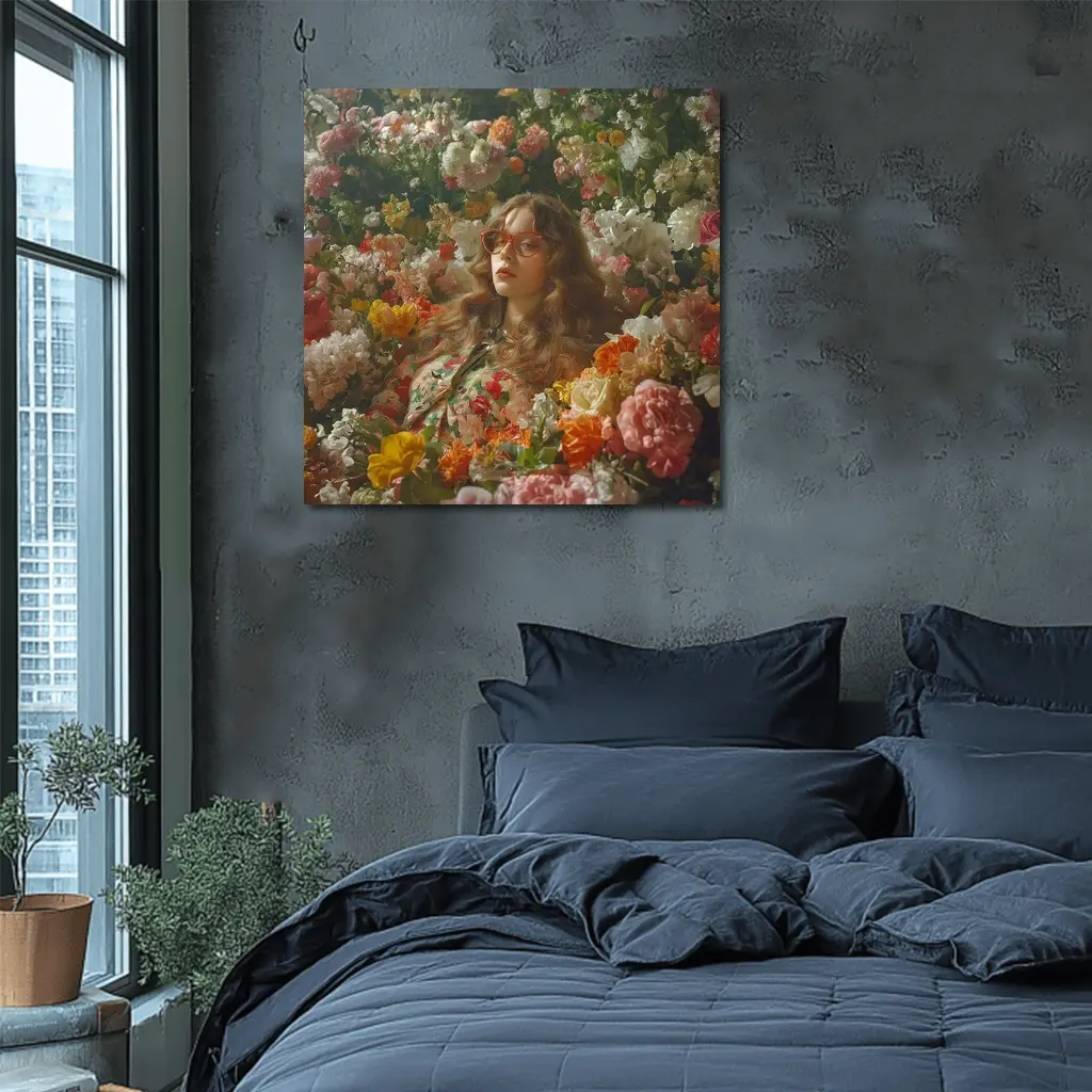 Woman Surrounded by Colorful Blooming Flowers Garden – Wall Art