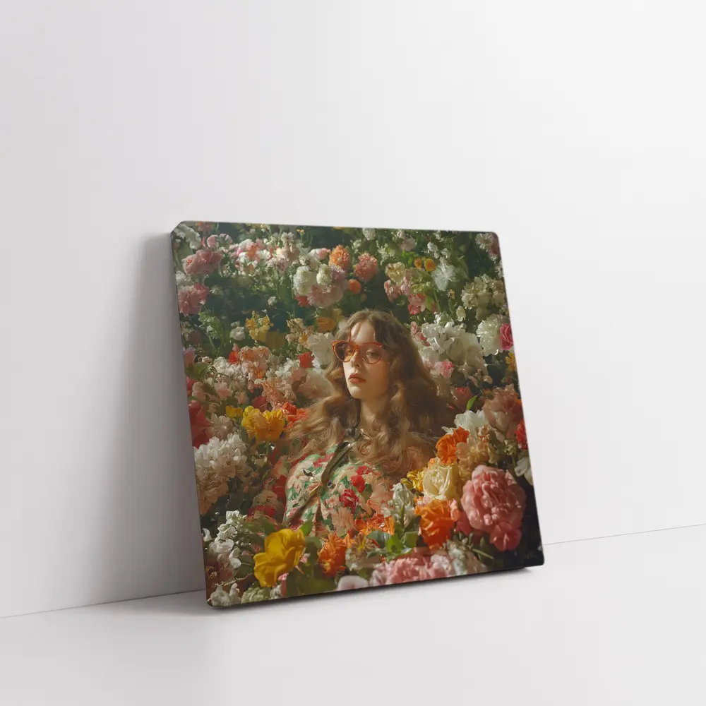 Woman Surrounded by Colorful Blooming Flowers Garden – Wall Art