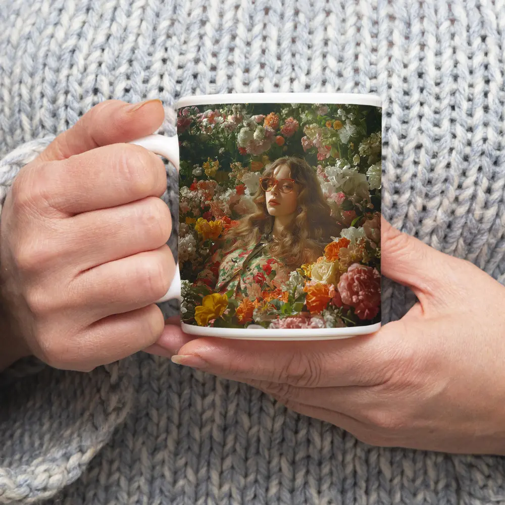 Woman Surrounded by Colorful Blooming Flowers Garden – Mugs