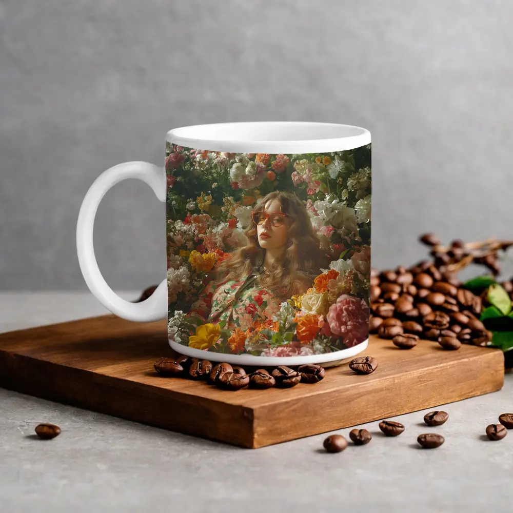 Woman Surrounded by Colorful Blooming Flowers Garden – Mugs