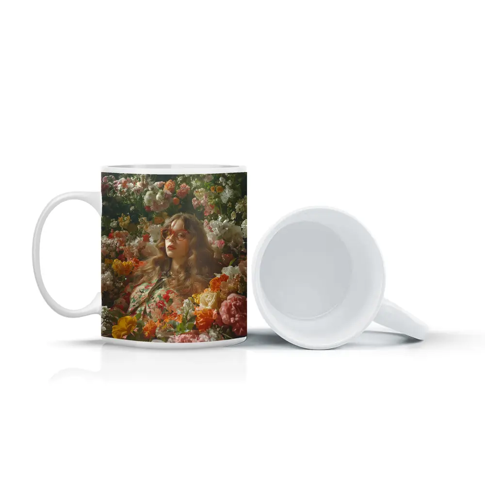 Woman Surrounded by Colorful Blooming Flowers Garden – Mugs
