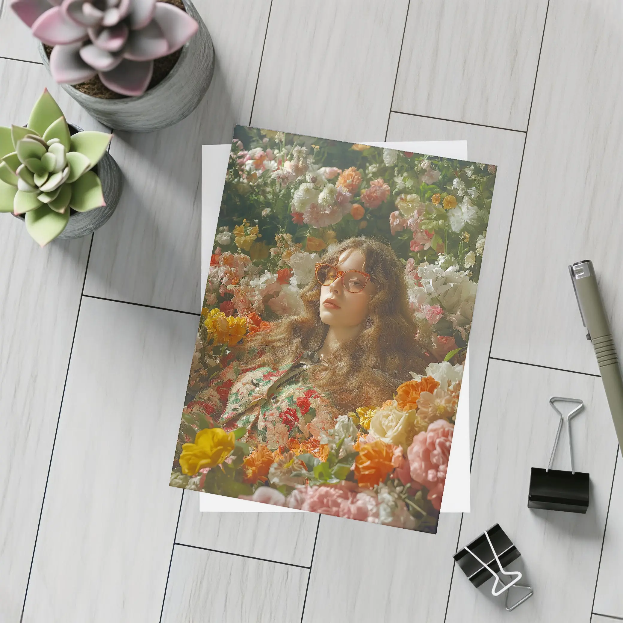 Woman Surrounded by Colorful Blooming Flowers Garden – Postcards