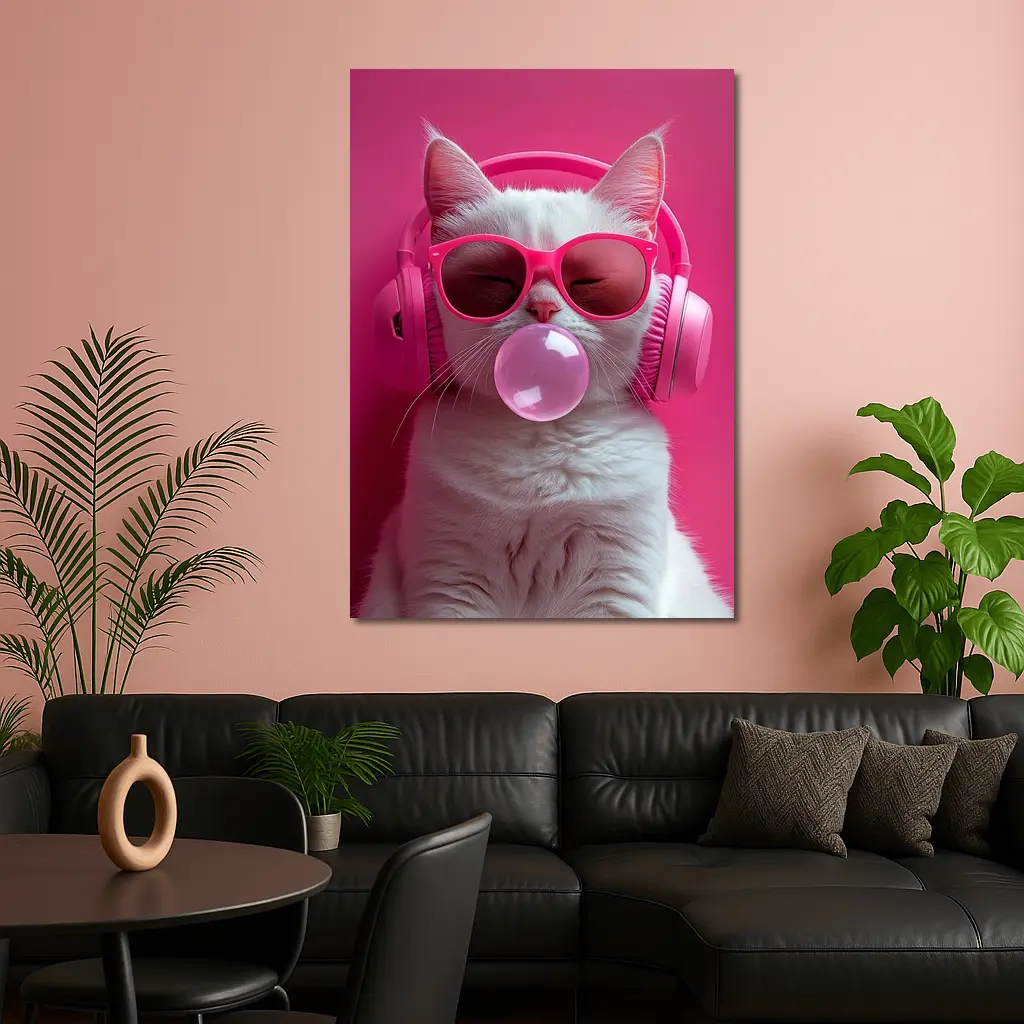 White Cat Pink Sunglasses Headphones Bubblegum – Wall Art