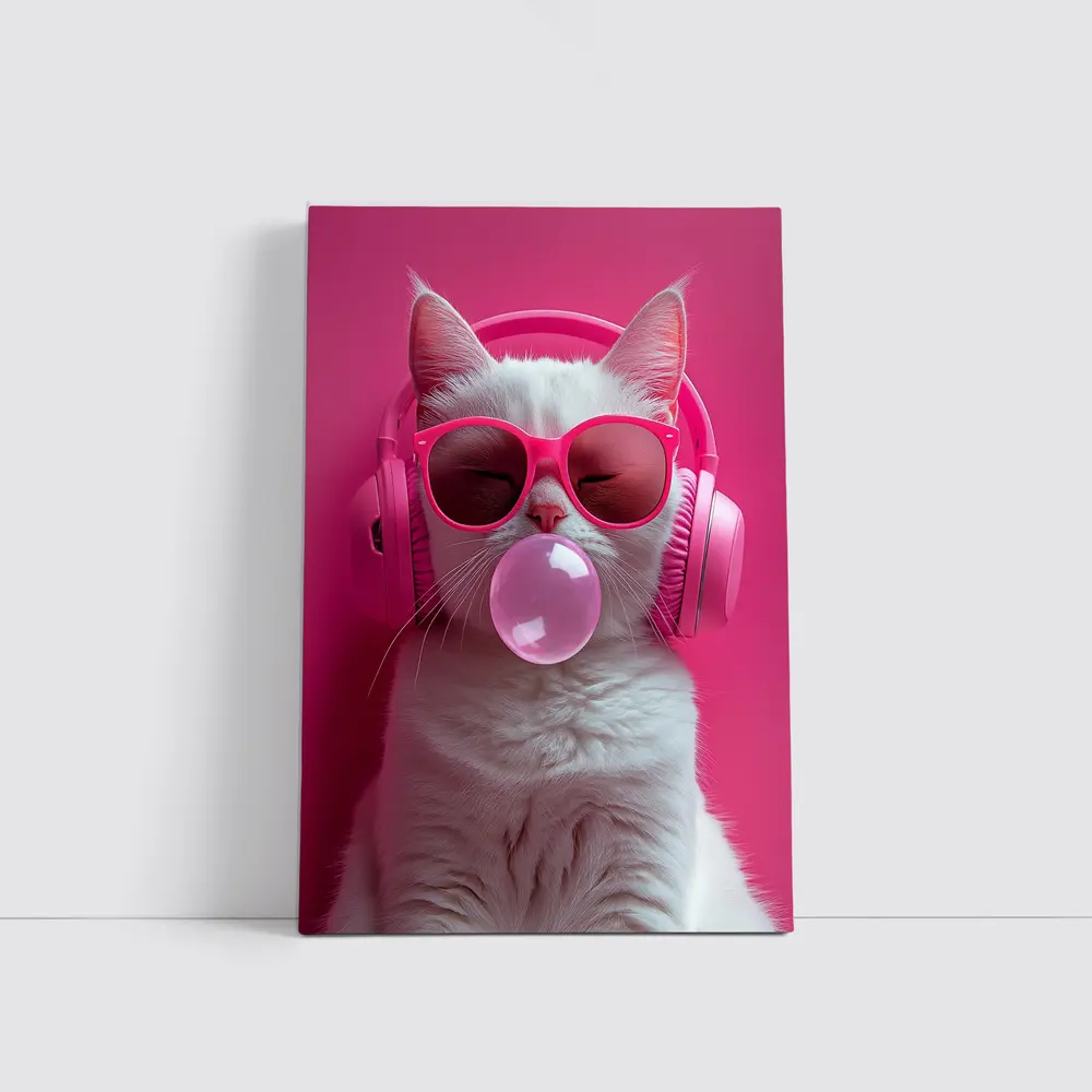 White Cat Pink Sunglasses Headphones Bubblegum – Wall Art