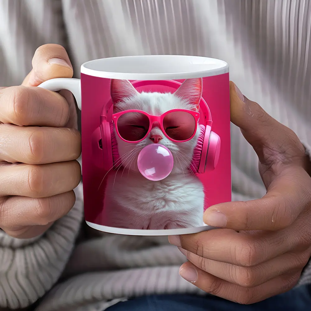 White Cat Pink Sunglasses Headphones Bubblegum – Mugs