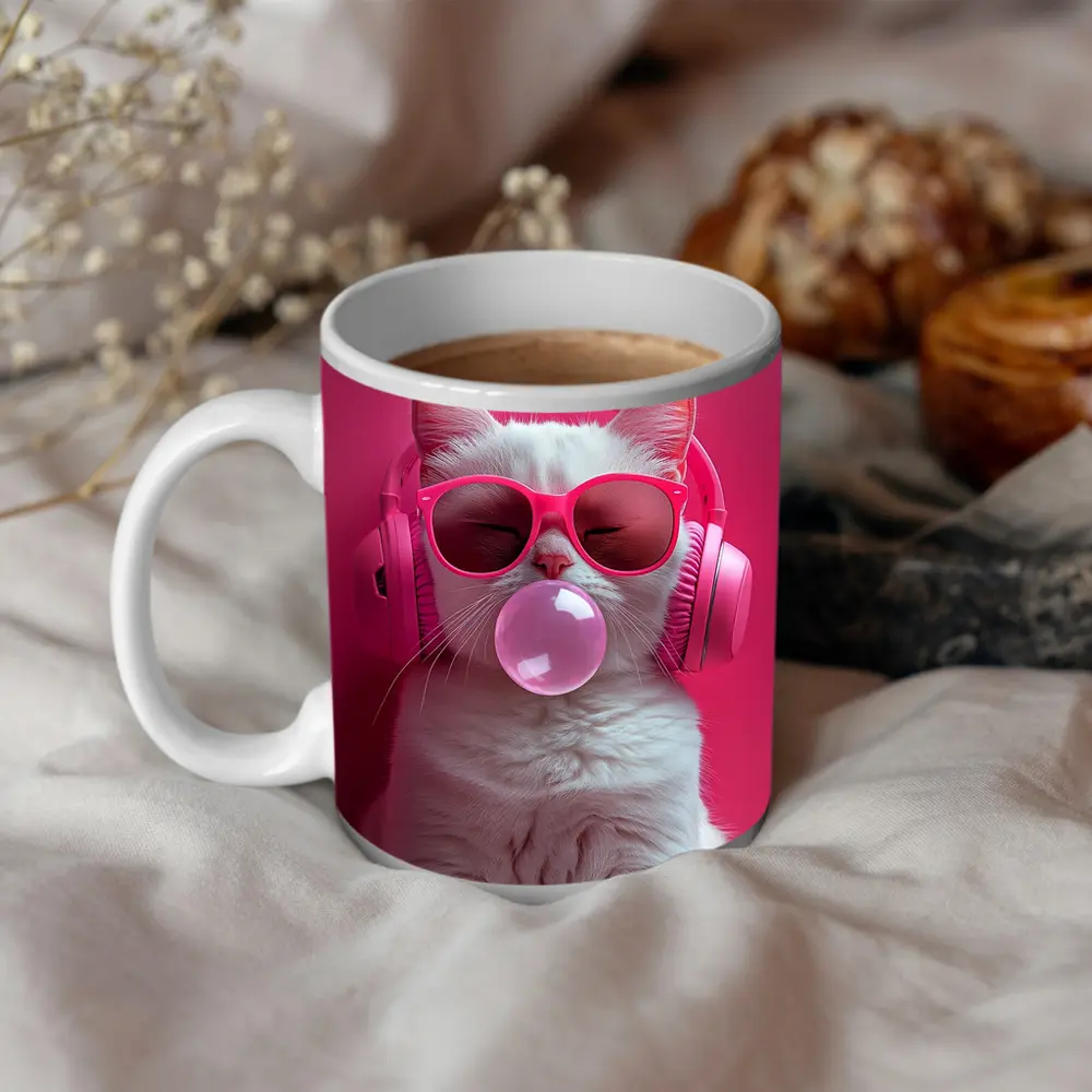 White Cat Pink Sunglasses Headphones Bubblegum – Mugs
