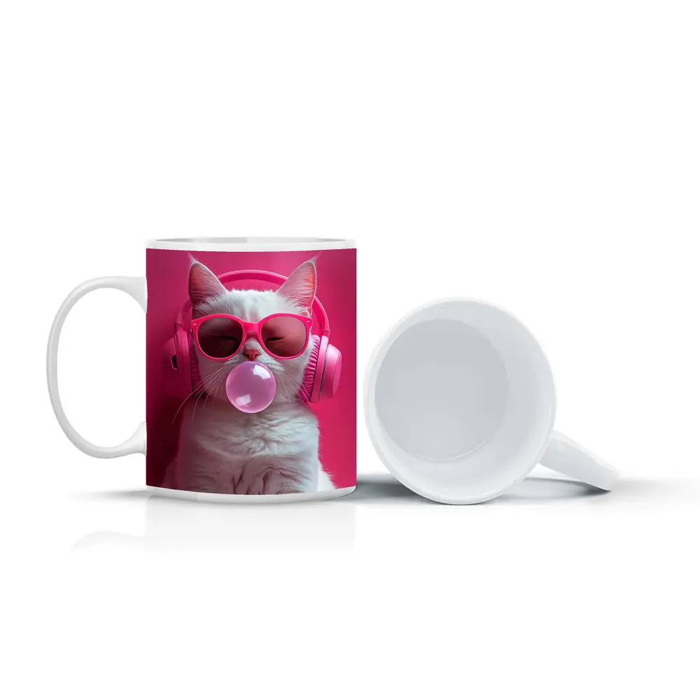 White Cat Pink Sunglasses Headphones Bubblegum – Mugs