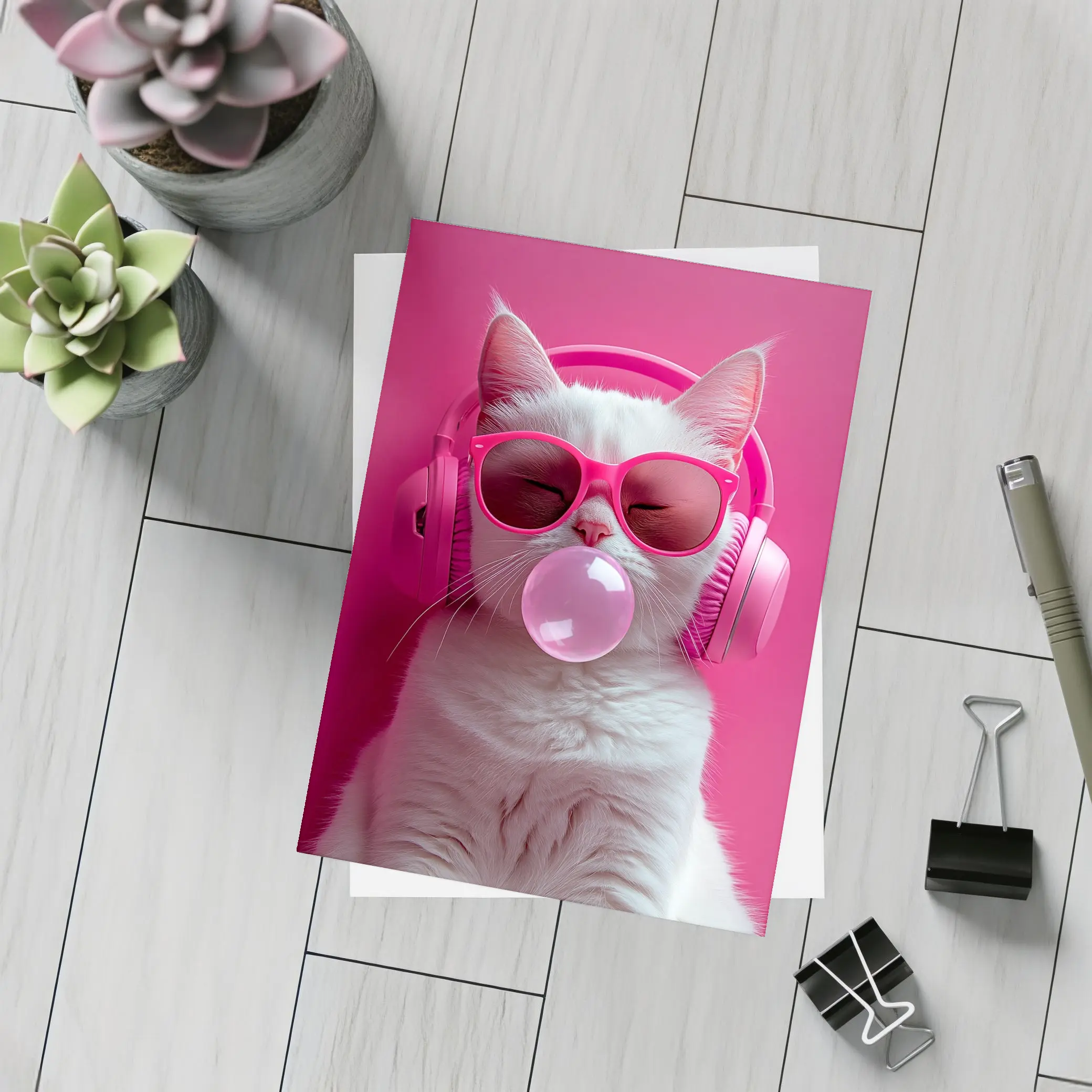 White Cat Pink Sunglasses Headphones Bubblegum – Postcards