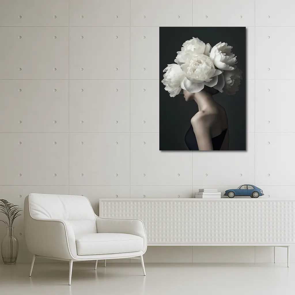 Woman White Peonies Head Dark Background – Wall Art