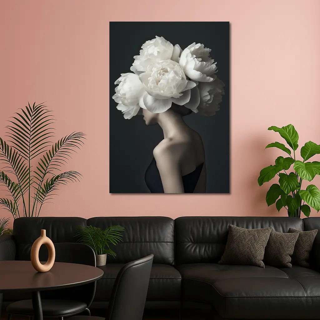 Woman White Peonies Head Dark Background – Wall Art