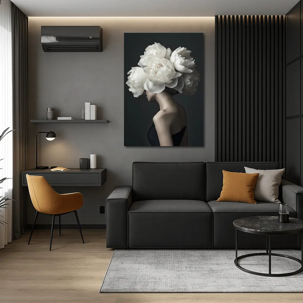 Woman White Peonies Head Dark Background – Wall Art