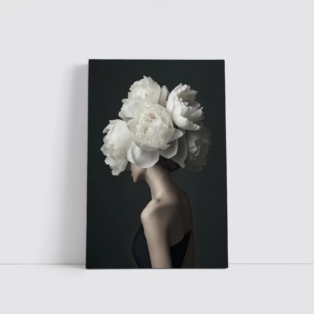 Woman White Peonies Head Dark Background – Wall Art