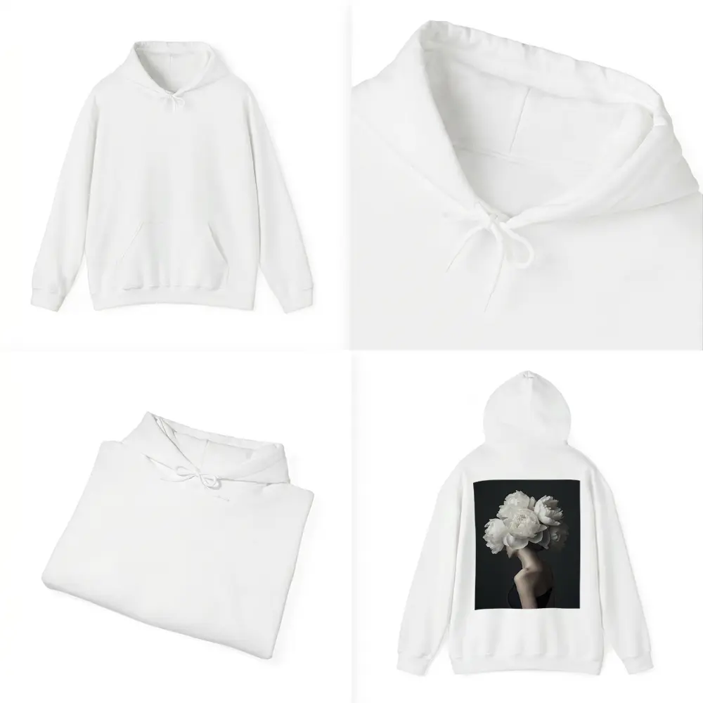 Woman White Peonies Head Dark Background – Hoodies