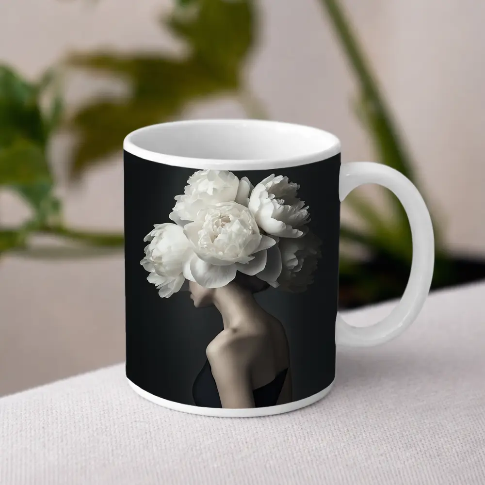 Woman White Peonies Head Dark Background – Mugs