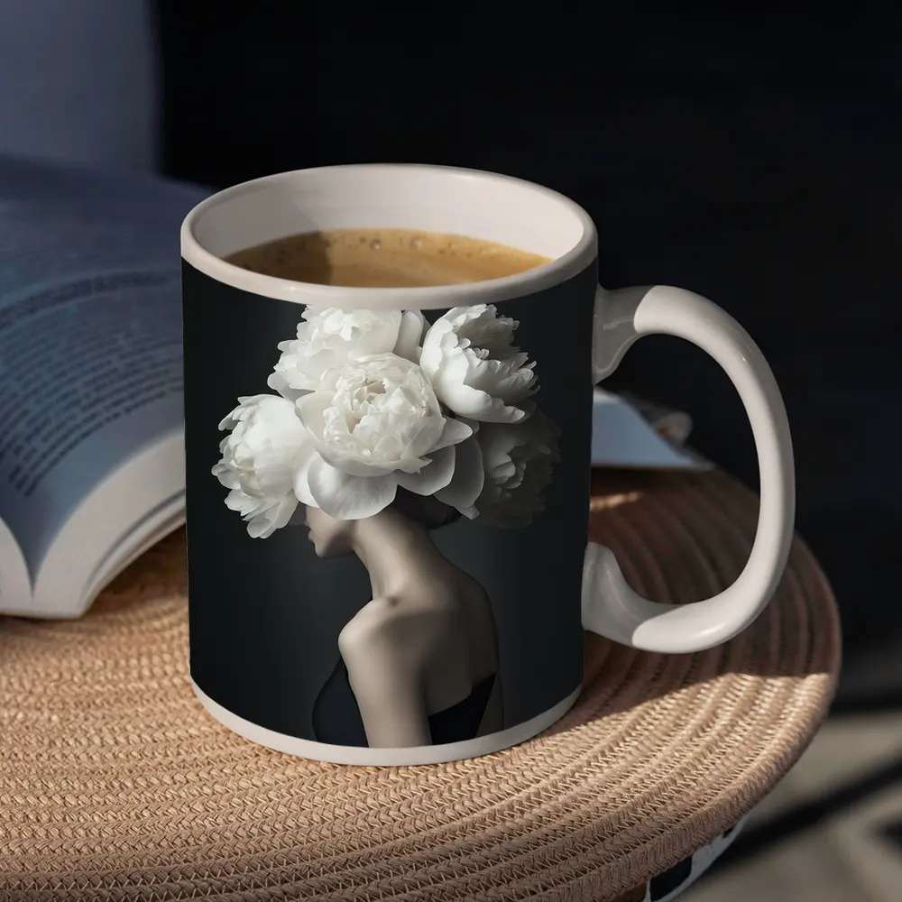 Woman White Peonies Head Dark Background – Mugs