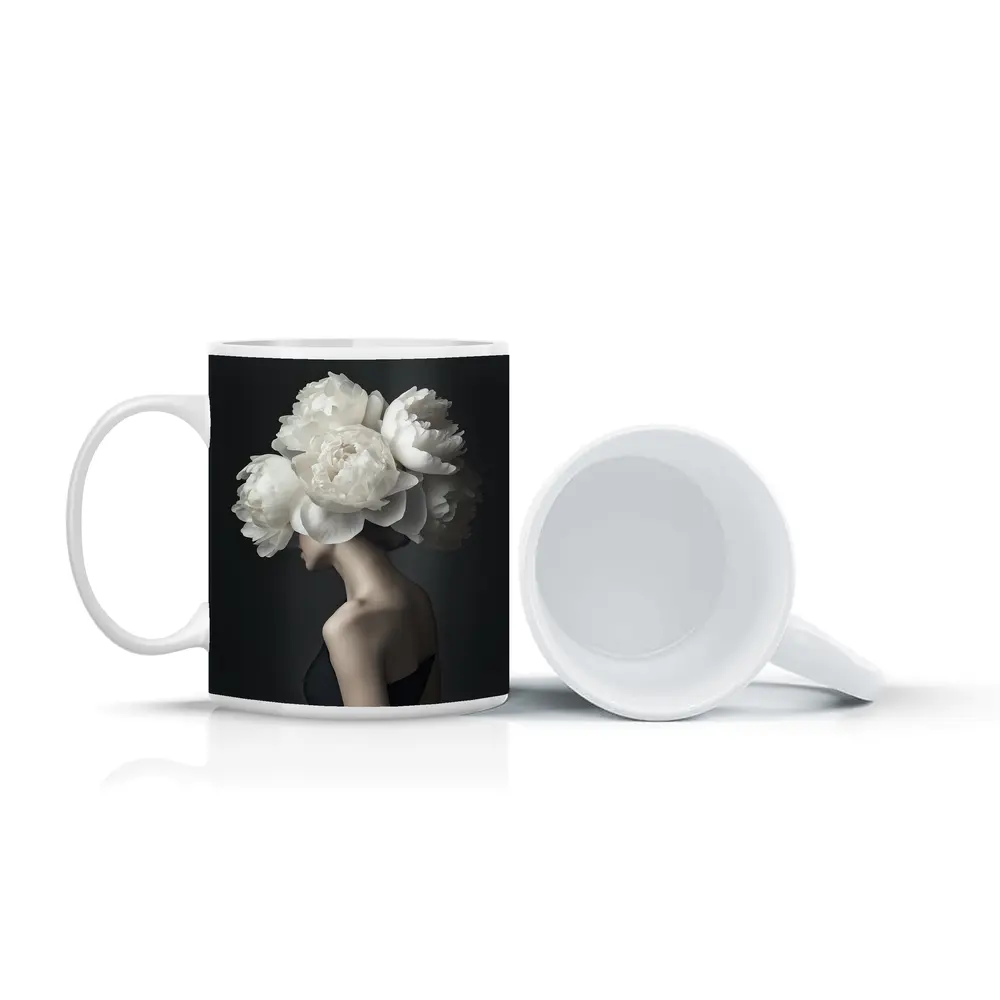 Woman White Peonies Head Dark Background – Mugs