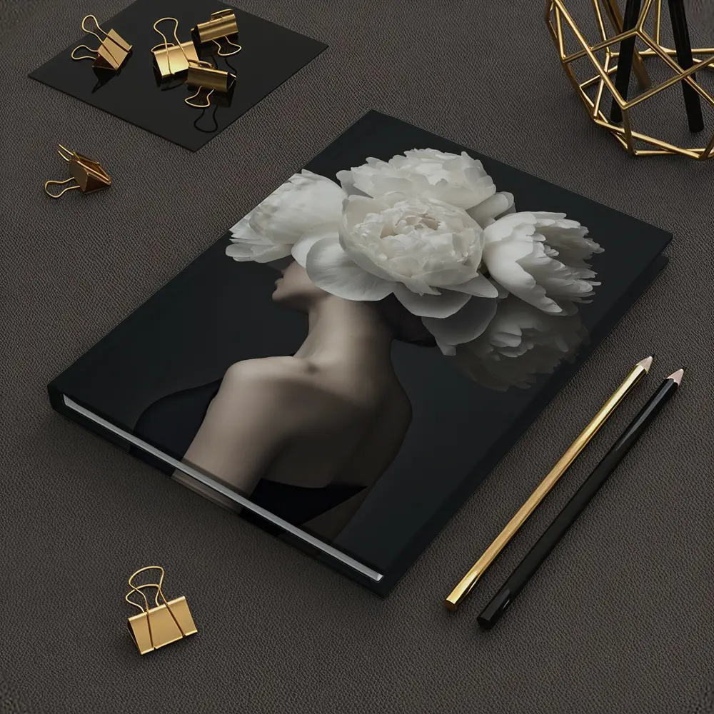 Woman White Peonies Head Dark Background – Notebooks