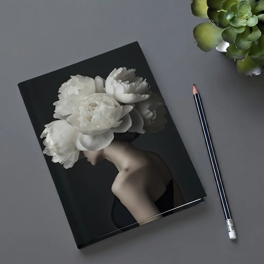Woman White Peonies Head Dark Background – Notebooks