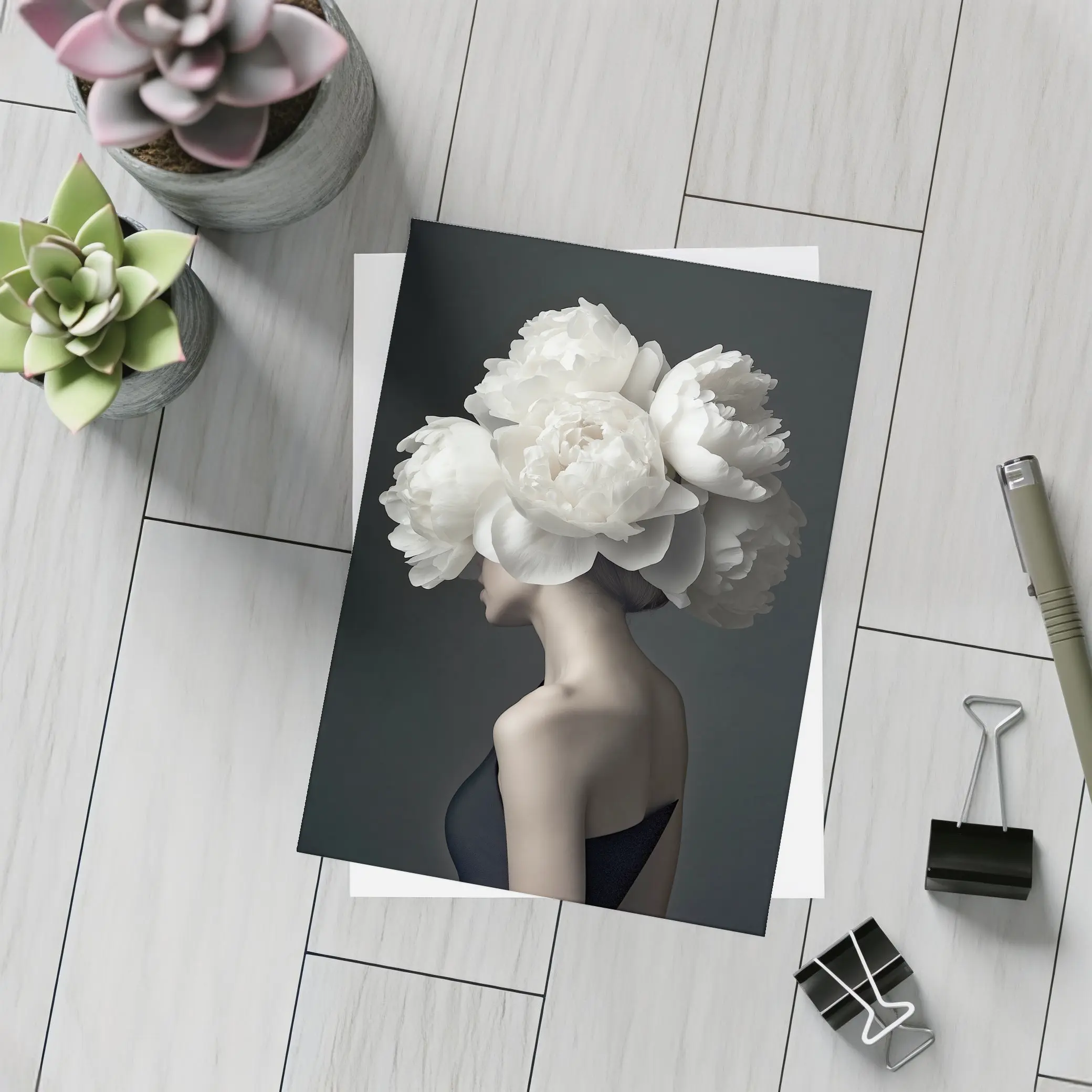 Woman White Peonies Head Dark Background – Postcards