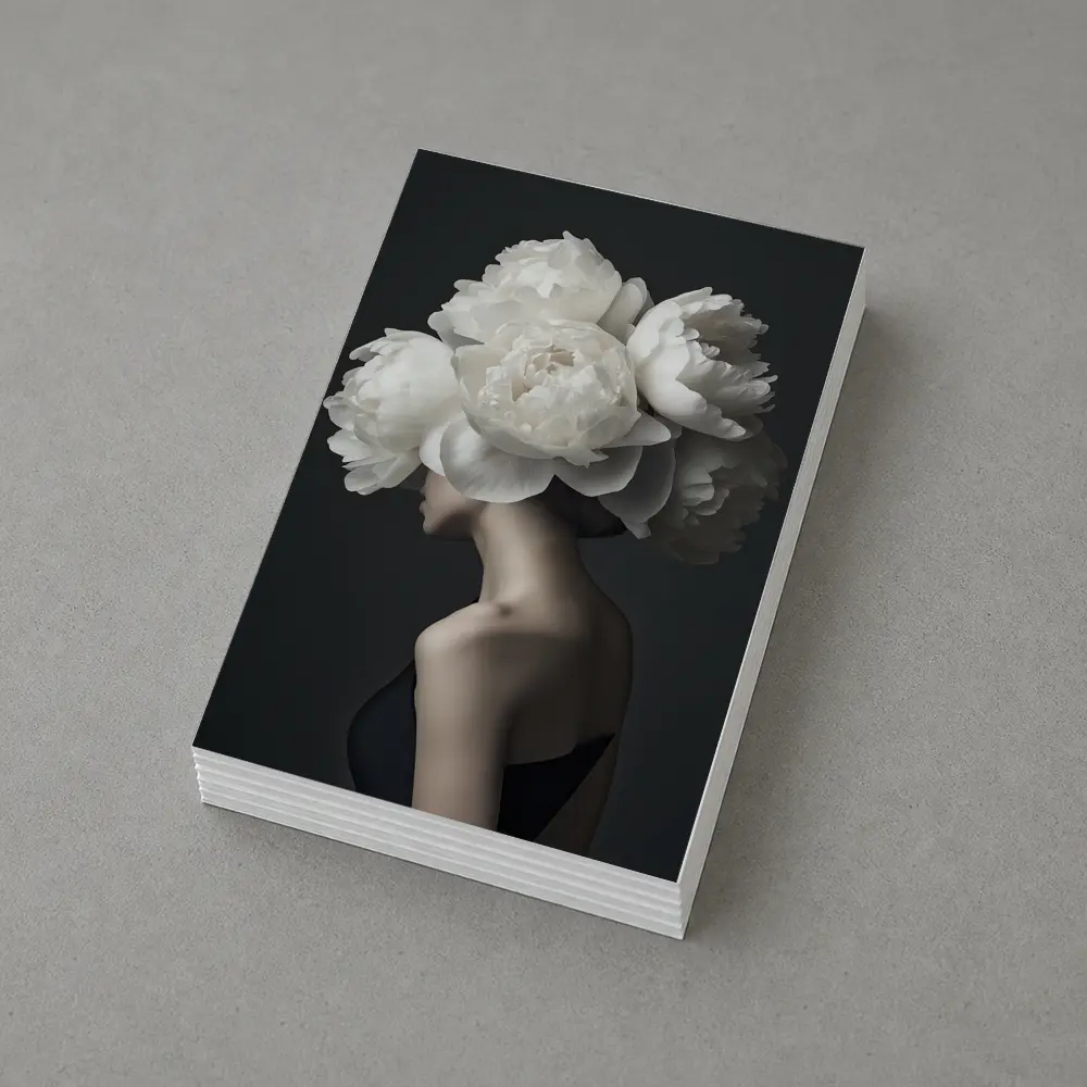 Woman White Peonies Head Dark Background – Postcards
