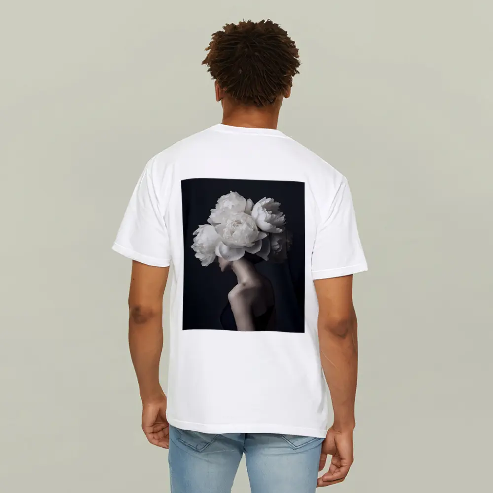 Woman White Peonies Head Dark Background – T-Shirts