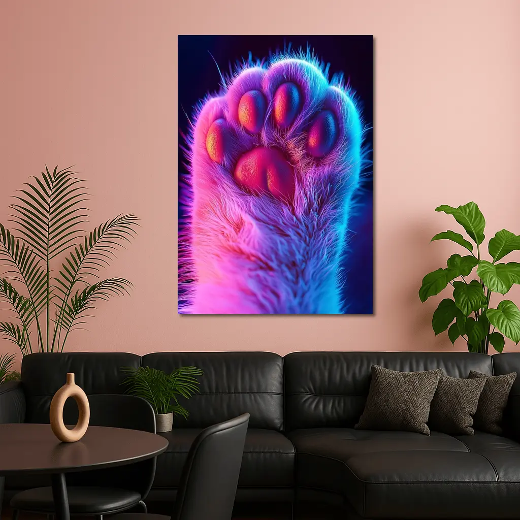 Neon Cat Paw Close Up Purple Pink – Wall Art