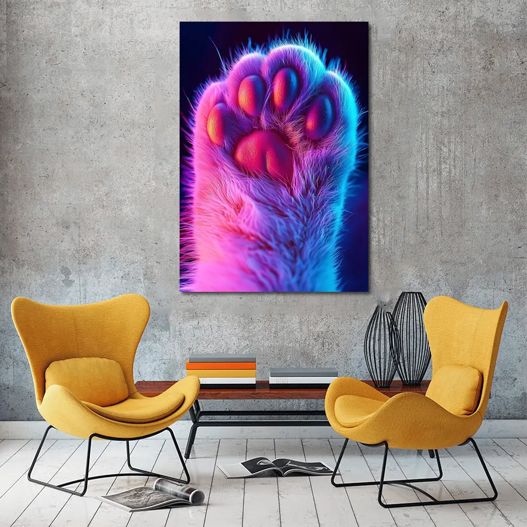 Neon Cat Paw Close Up Purple Pink – Wall Art