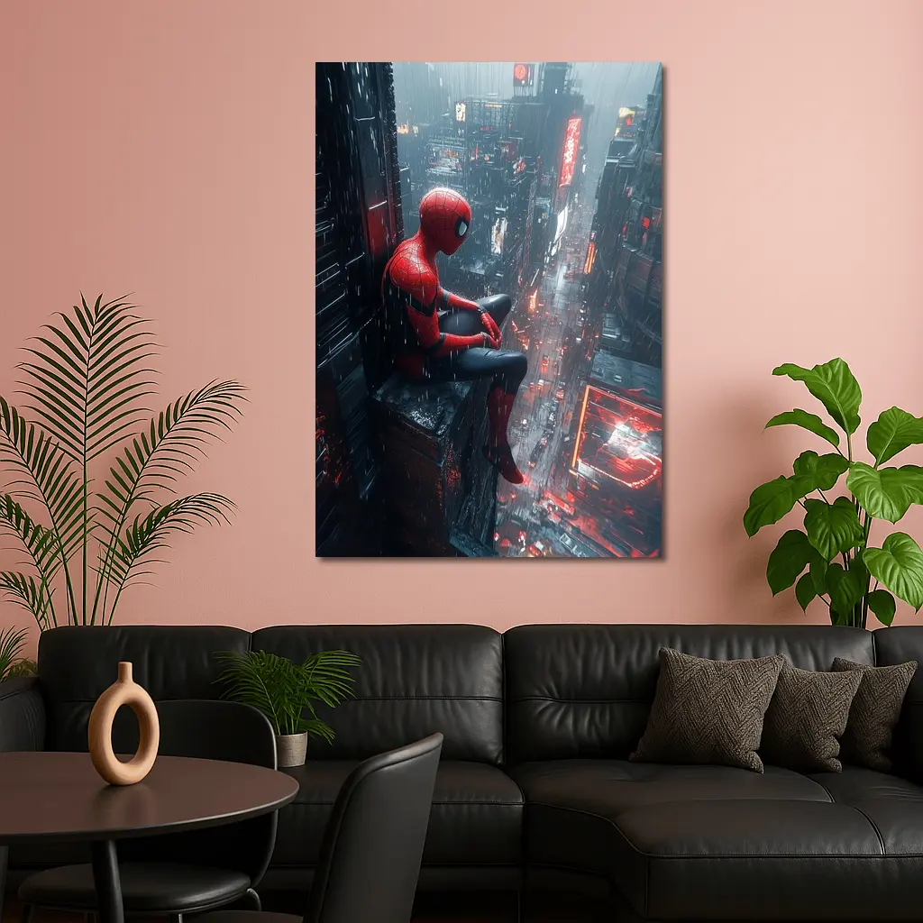 Spider-Man Sitting On Rainy Cyberpunk City – Wall Art