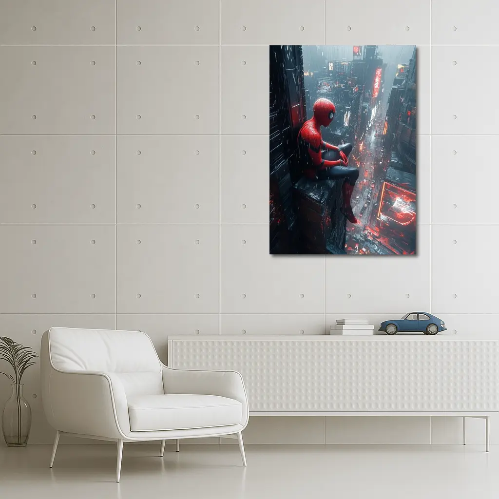 Spider-Man Sitting On Rainy Cyberpunk City – Wall Art