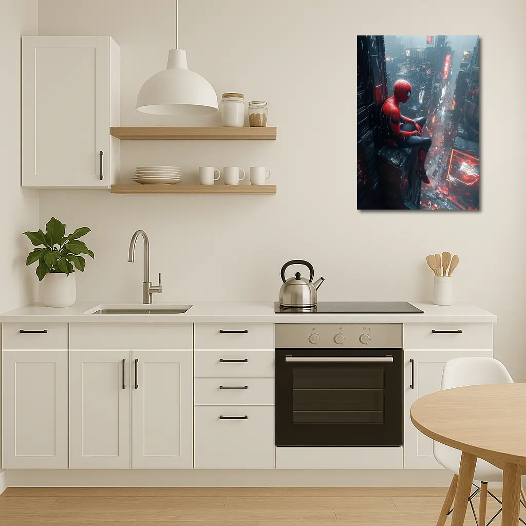 Spider-Man Sitting On Rainy Cyberpunk City – Wall Art