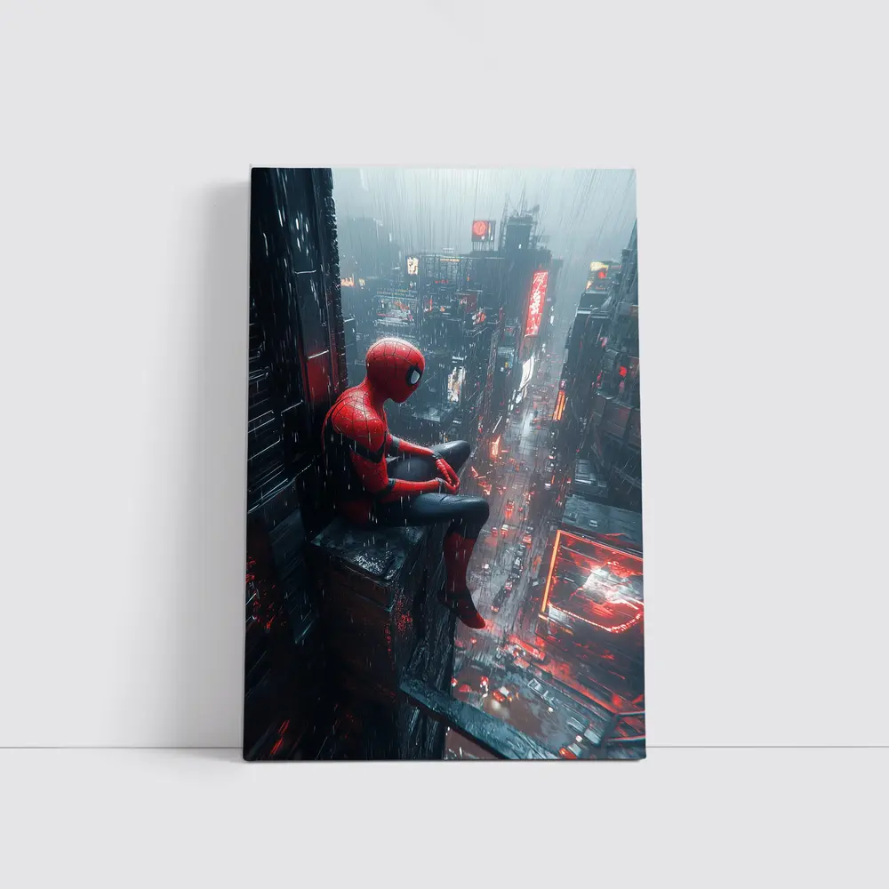 Spider-Man Sitting On Rainy Cyberpunk City – Wall Art