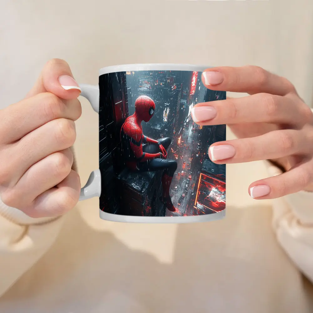 Spider-Man Sitting On Rainy Cyberpunk City – Mugs