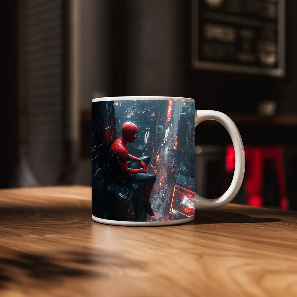 Spider-Man Sitting On Rainy Cyberpunk City – Mugs