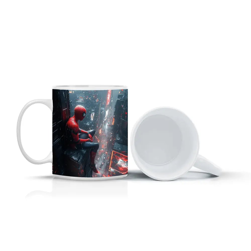 Spider-Man Sitting On Rainy Cyberpunk City – Mugs