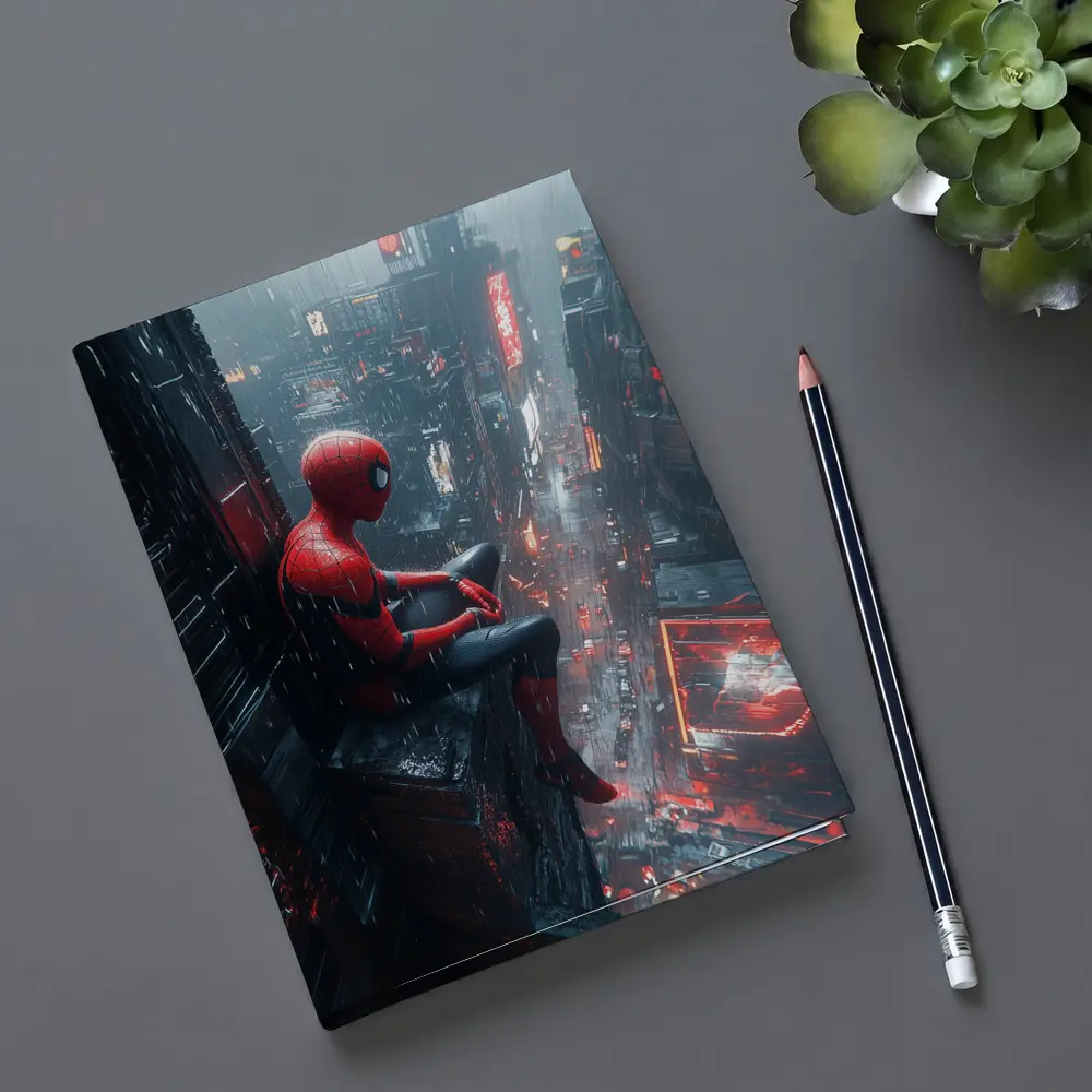 Spider-Man Sitting On Rainy Cyberpunk City – Notebooks