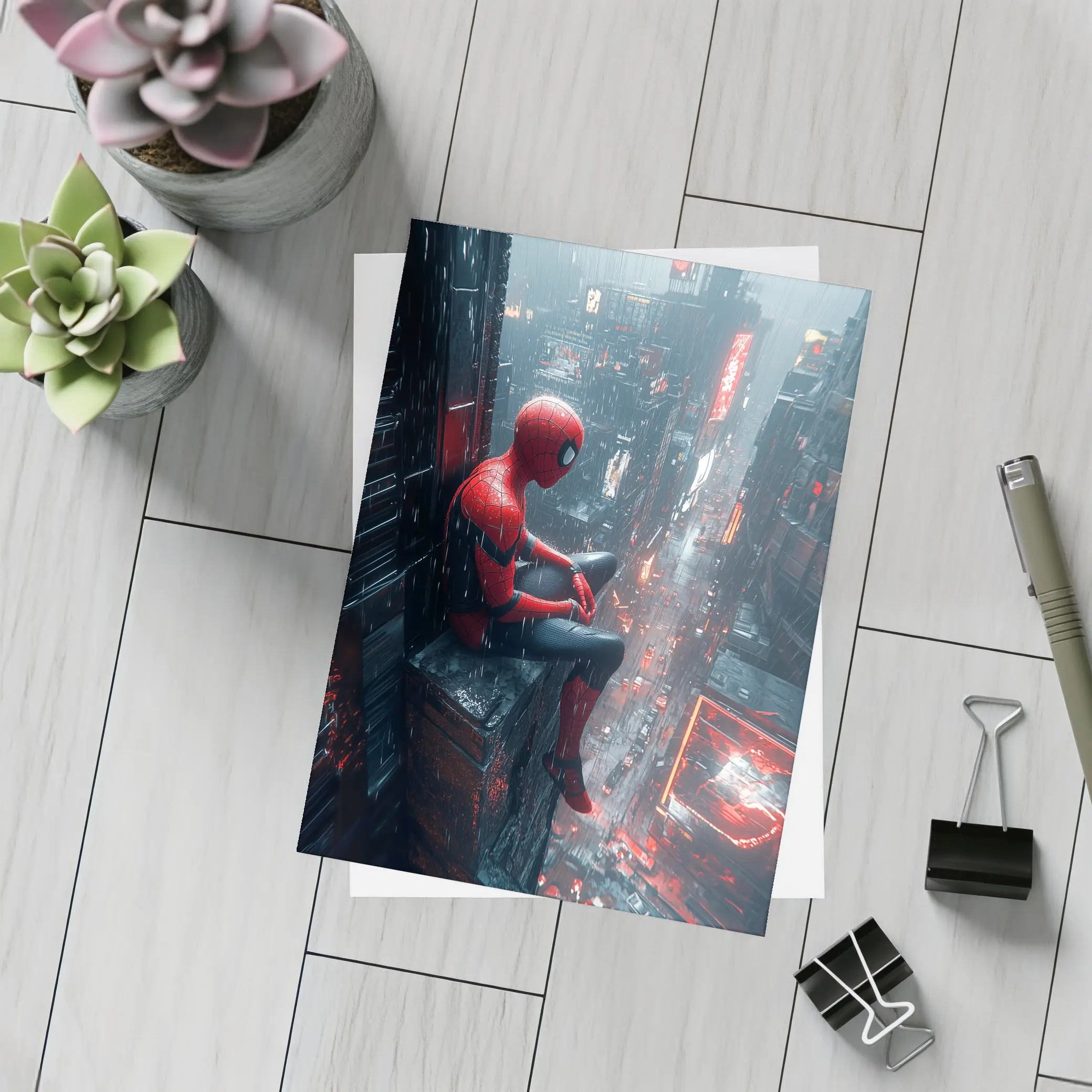 Spider-Man Sitting On Rainy Cyberpunk City – Postcards