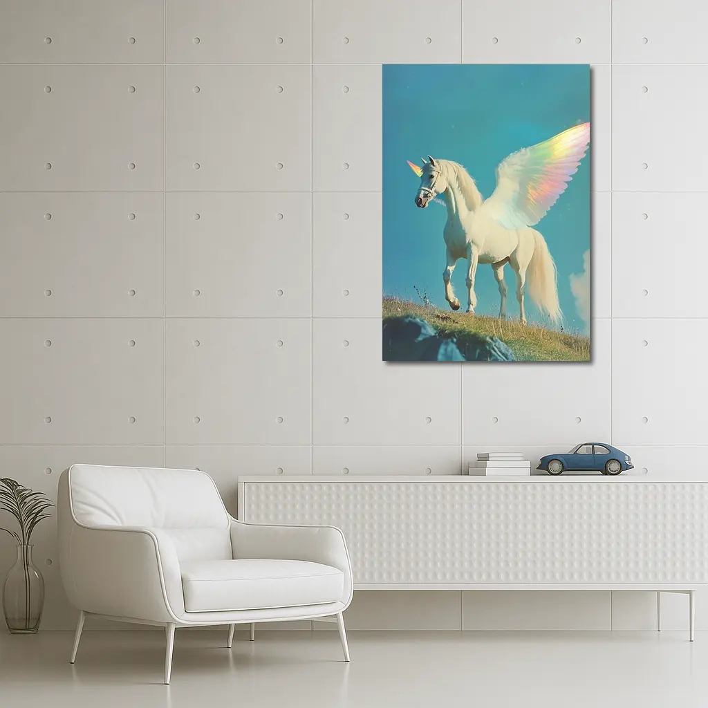White Unicorn Rainbow Wings Blue Sky – Wall Art