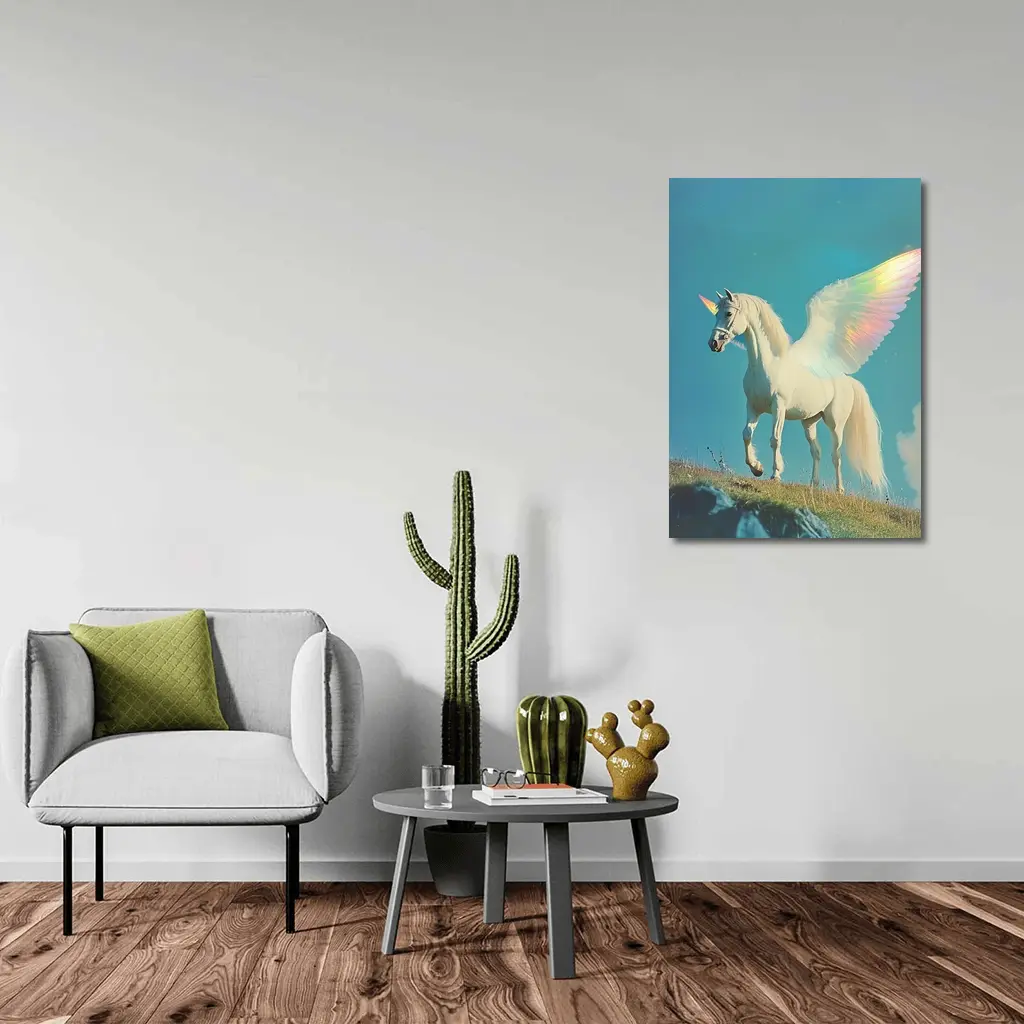 White Unicorn Rainbow Wings Blue Sky – Wall Art