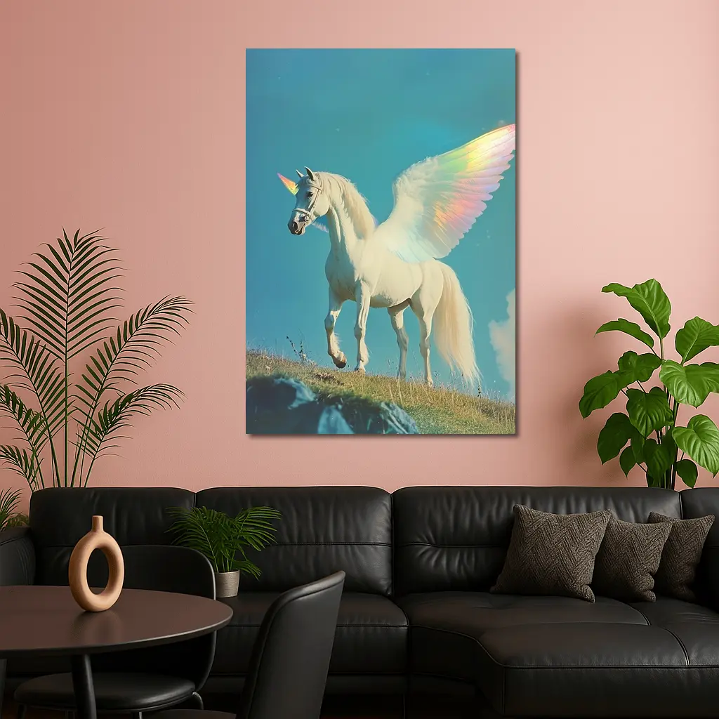 White Unicorn Rainbow Wings Blue Sky – Wall Art