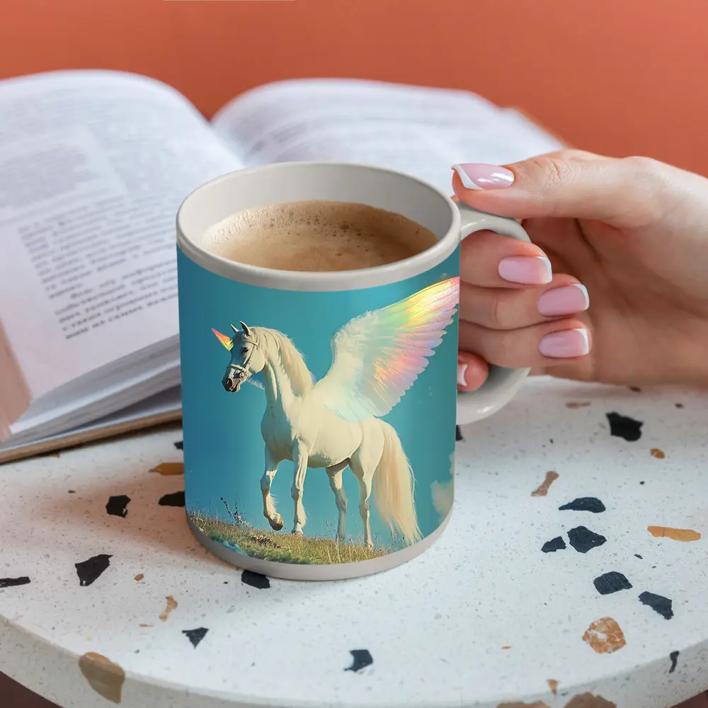 White Unicorn Rainbow Wings Blue Sky – Mugs